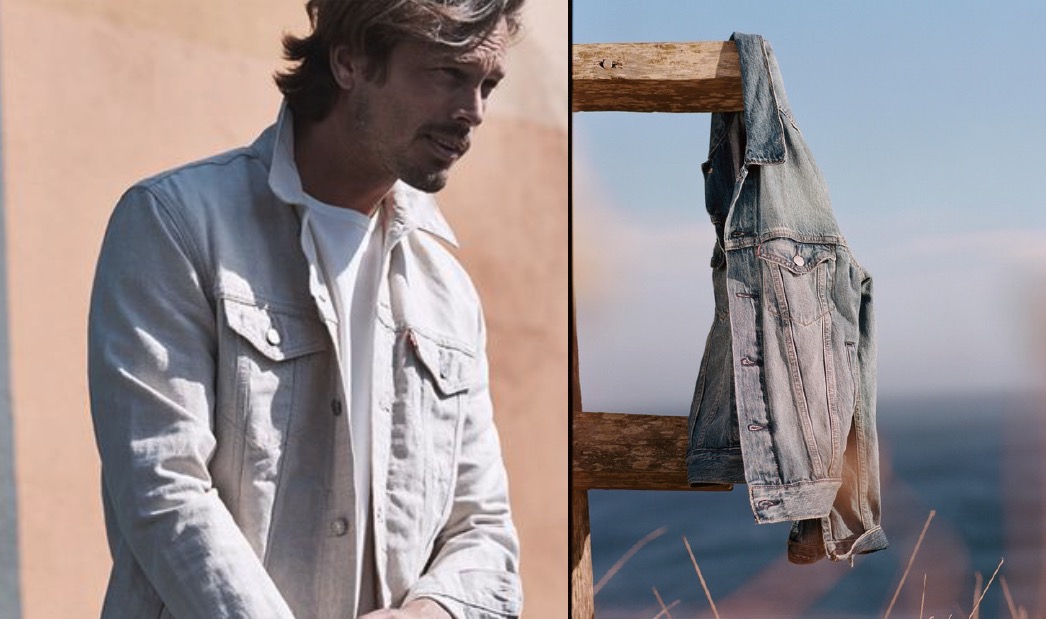 Image of a Levi's jacket being work by a model, lijnking Levi's as a brand trying to better the fashion industry and climate change