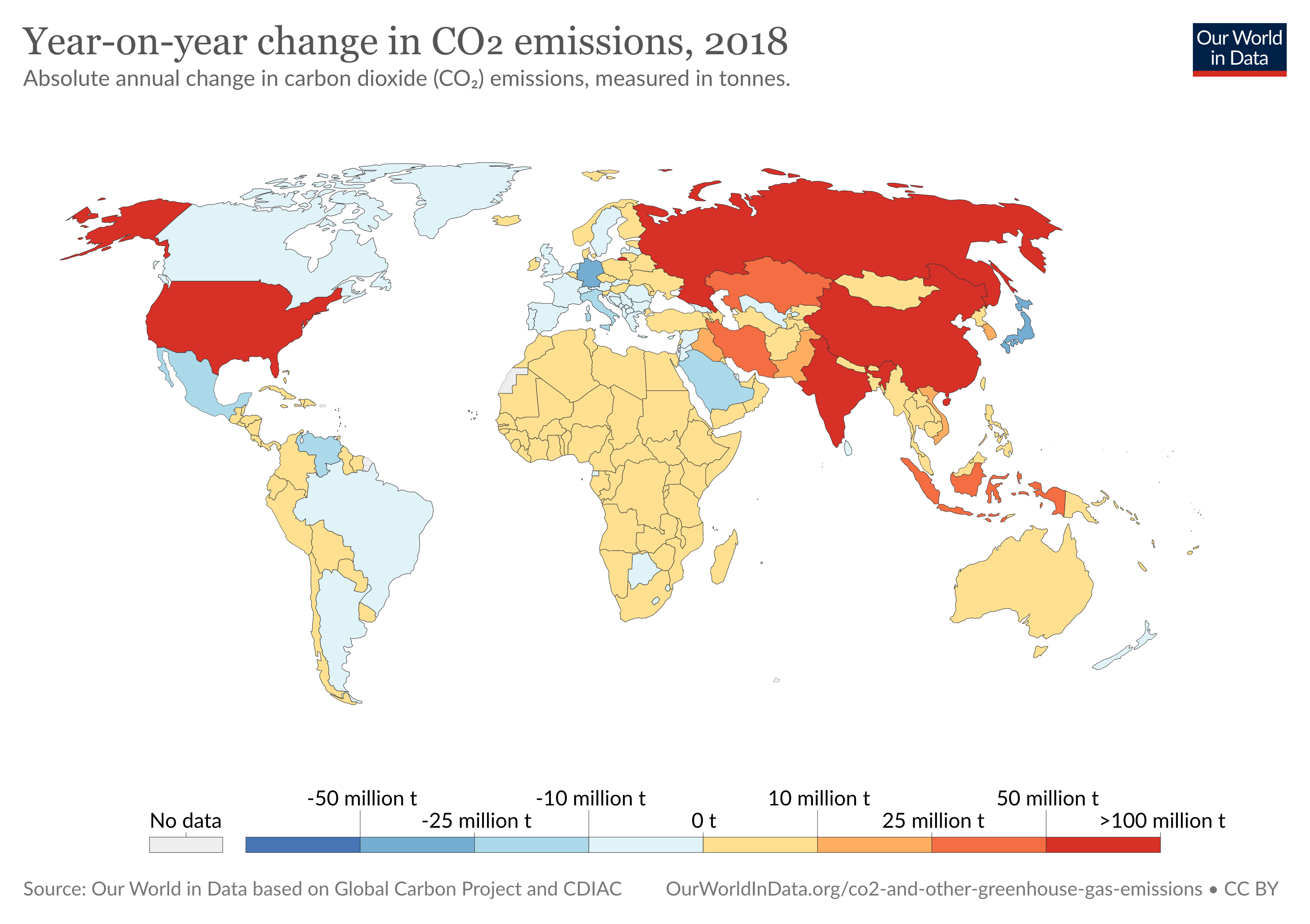 An image of a heat map showing clearly the change in Co2 emissions around different parts of the world