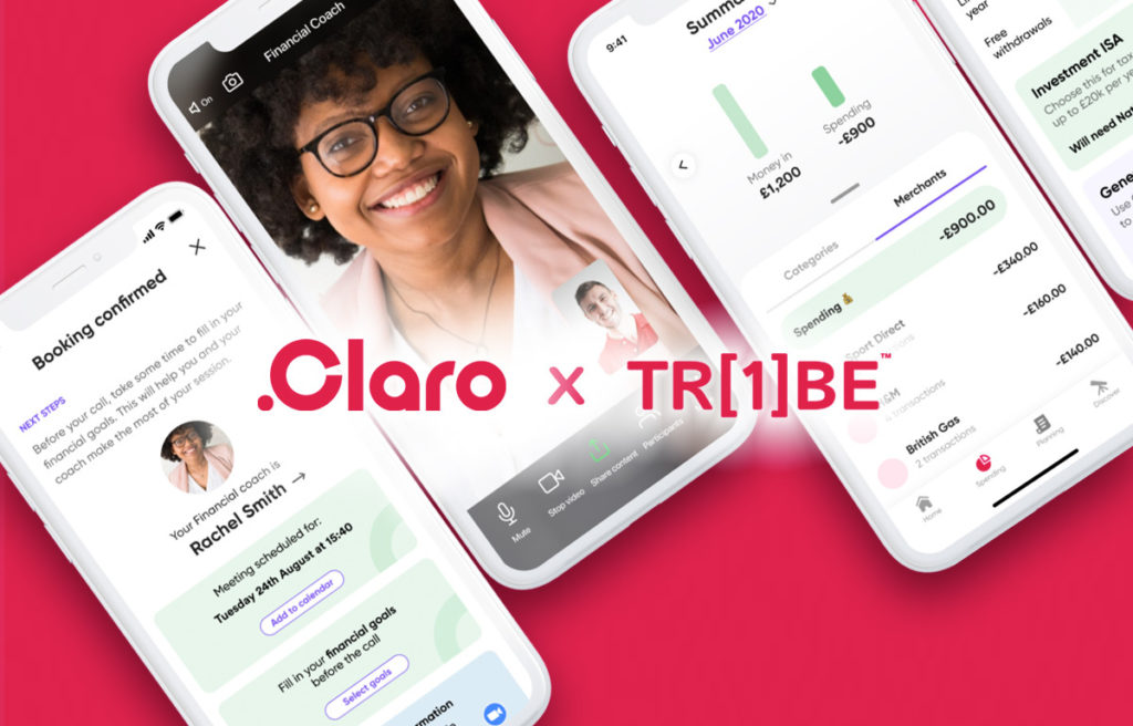 Claro and One Tribe together on the app, the image showing several smart phones in the background with a red hue