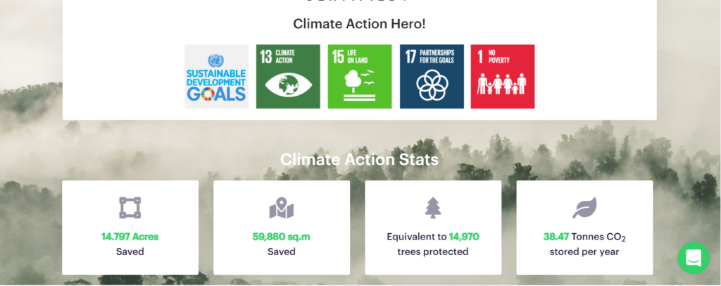 A image captured of eco-concious fashion brand, Koi Footwear's climate action page documenting the Un goals they are supporting and the results they have achieved via their e-commerce shop with One Tribe