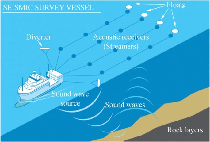 Diagram of seismic airguns in action
