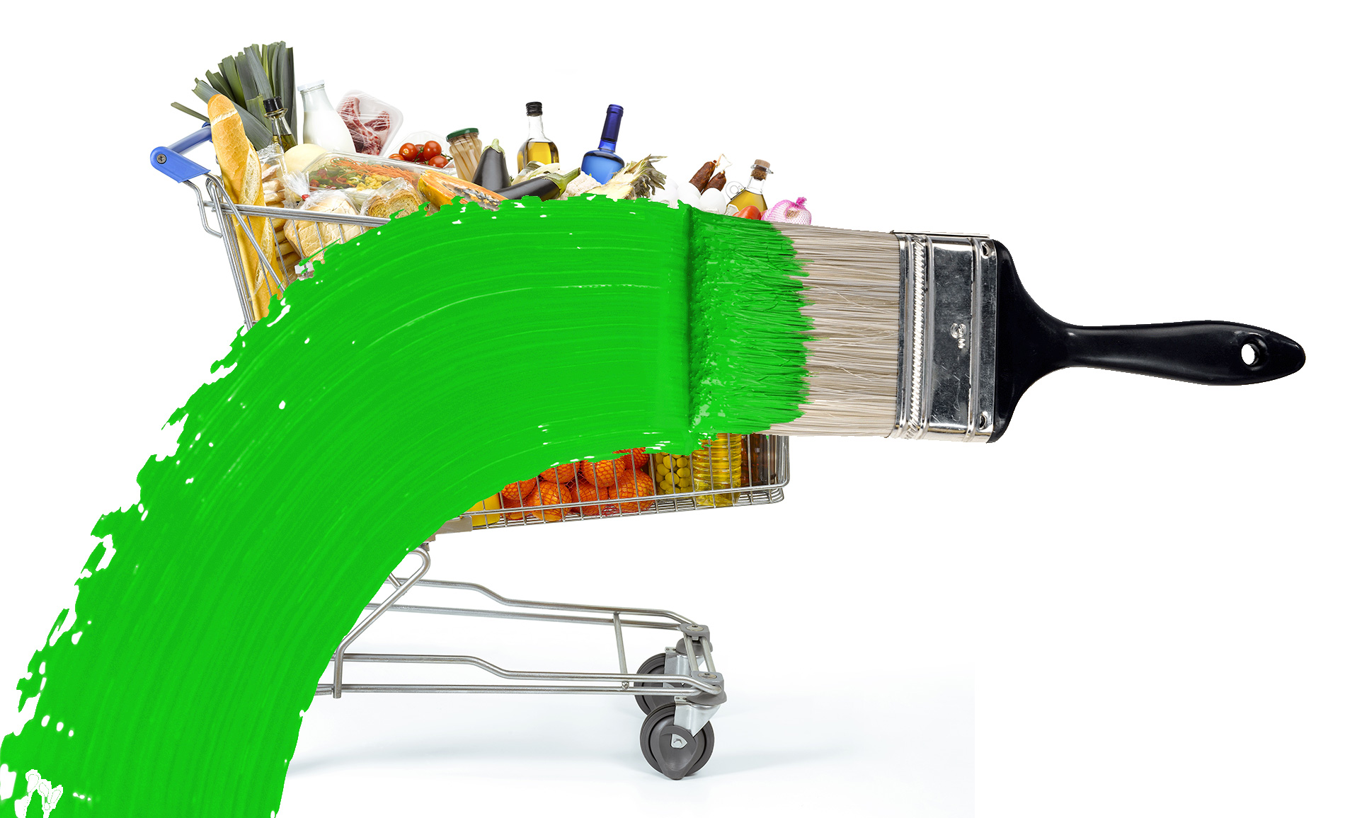 Greenwashing image from greenbiz website. Paintbrush covering a trolley of groceries with a stripe of green paint