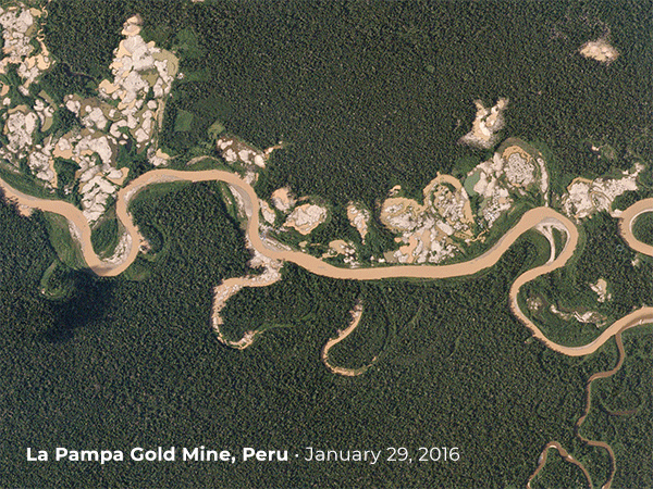 satellite image of deforestation over the gold mines in peru