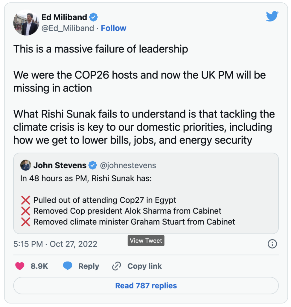 Ed miliband tweet in response to Rishi Sunaks failure to attend cop27