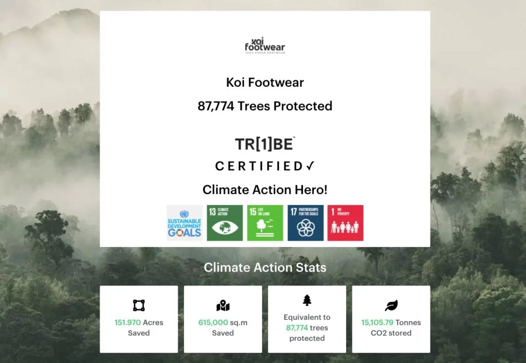 Koi footwear climate action page showing trees protected with one tribe