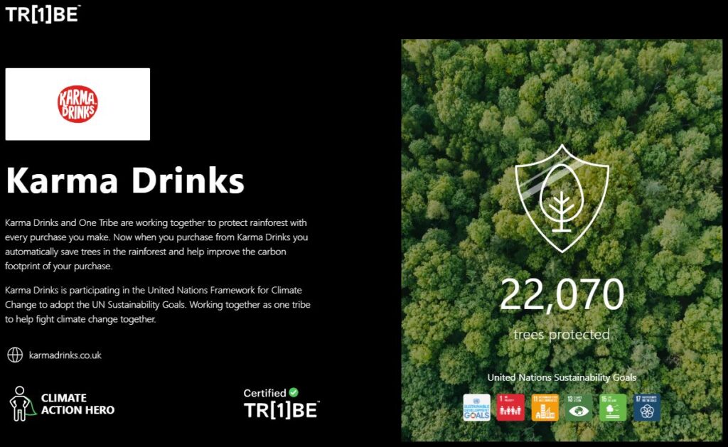 One Tribe climate action page showing the impact of drinks brand karma drinks