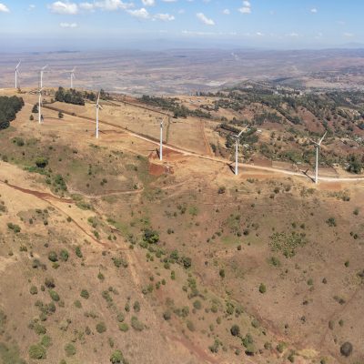 Panoramic aerial view of wind turbines or windmills in Kenya near Nairobi.