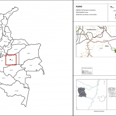 Map of Colombia showing the location of the areas in the country (left) and more accurately within Meta department (right)