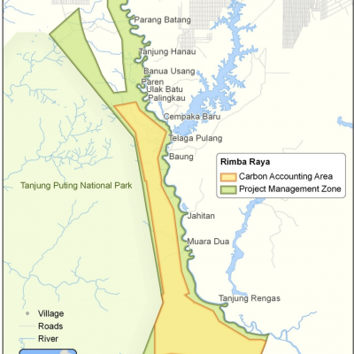 Rimba Raya Project Management Zone and Carbon Accounting Area. Tanjung Puting National Park shown abutting the project’s western boundary.